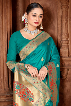 Sea Green Paithani Silk Saree With Blouse Piece