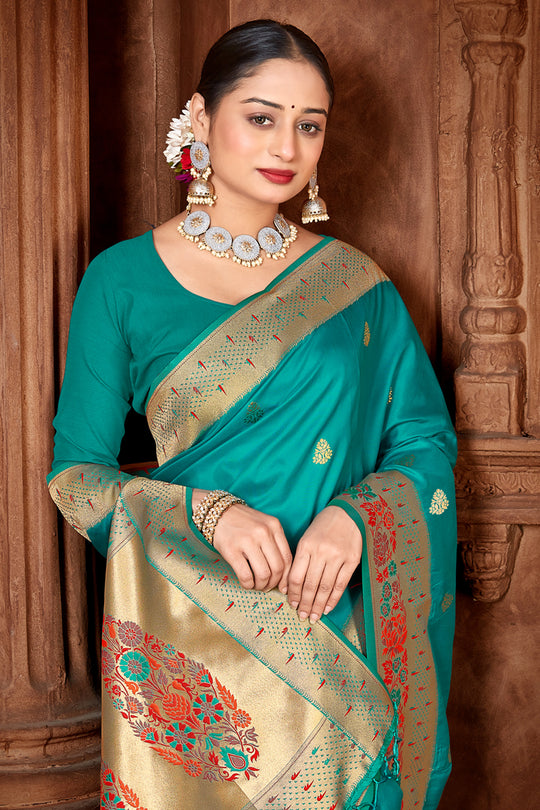 Sea Green Paithani Silk Saree With Blouse Piece