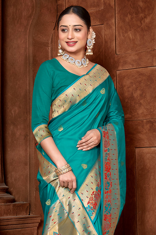 Sea Green Paithani Silk Saree With Blouse Piece