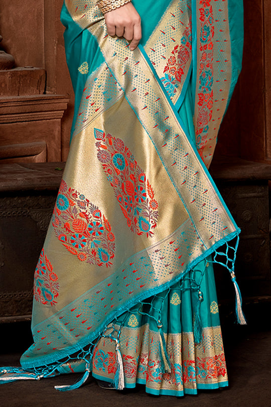 Sea Green Paithani Silk Saree With Blouse Piece