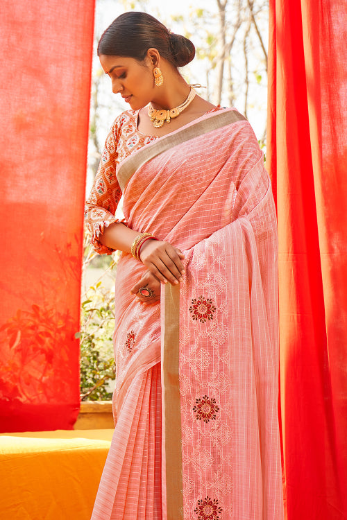 Flamingo Pink Linen Blend Saree