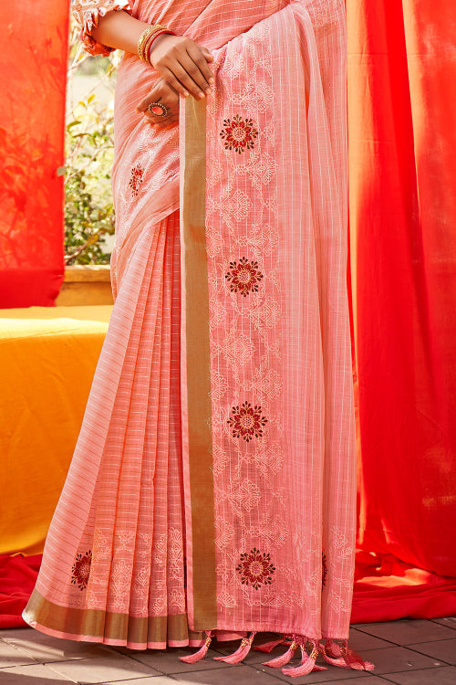 Flamingo Pink Linen Blend Saree