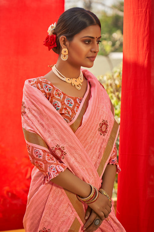 Flamingo Pink Linen Blend Saree