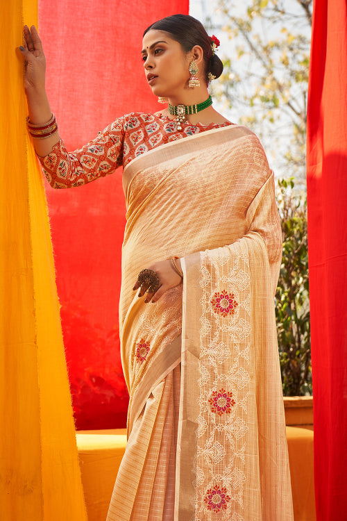 Cream Linen Blend Saree