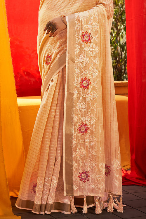 Cream Linen Blend Saree