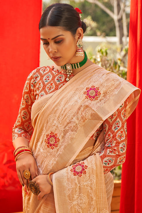 Cream Linen Blend Saree