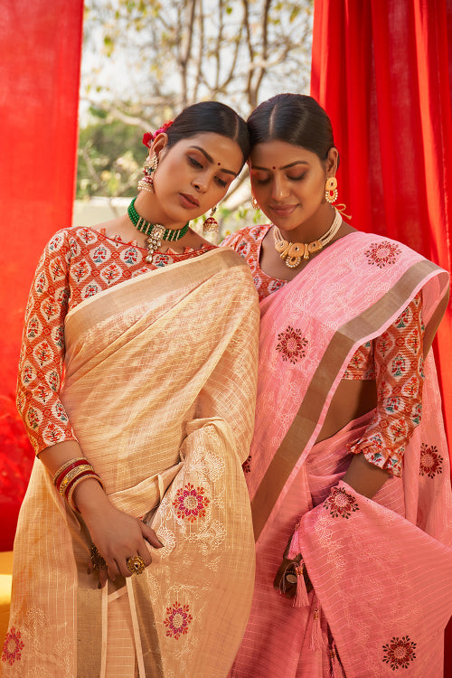 Cream Linen Blend Saree