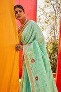 Turquoise Blue Linen Blend Saree