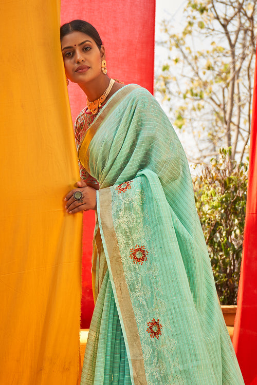 Turquoise Blue Linen Blend Saree