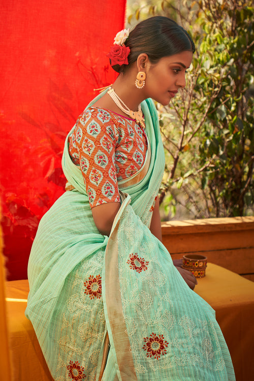 Turquoise Blue Linen Blend Saree