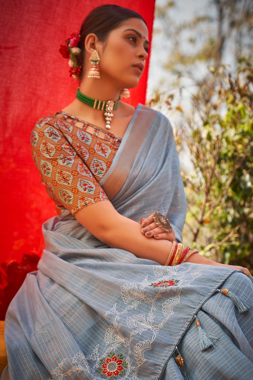 Flint Grey Linen Blend Saree