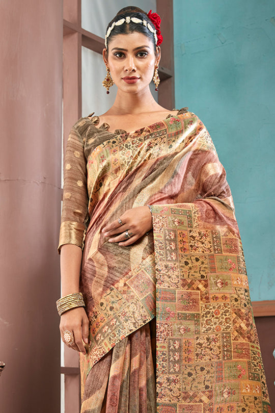 Beige And Brown Cotton Linen Blend Digital Saree