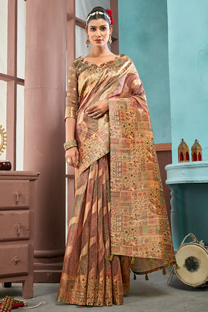 Beige And Brown Cotton Linen Blend Digital Saree