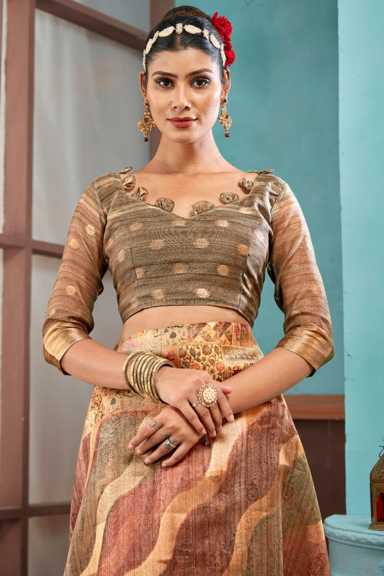 Beige And Brown Cotton Linen Blend Digital Saree