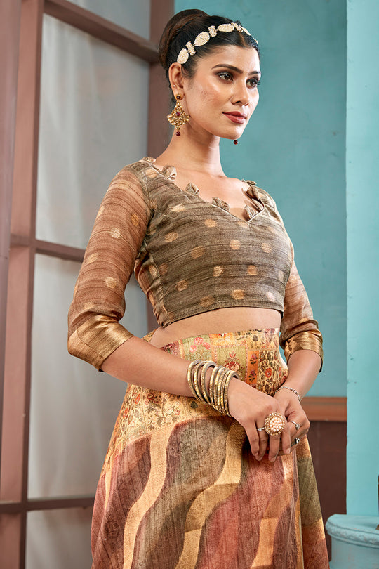 Beige And Brown Cotton Linen Blend Digital Saree