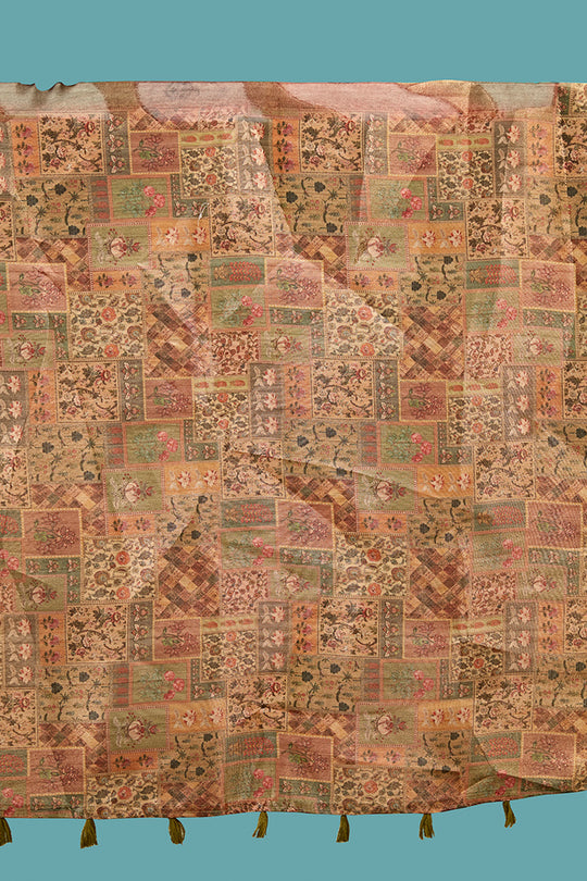 Beige And Brown Cotton Linen Blend Digital Saree