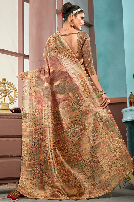 Beige And Brown Cotton Linen Blend Digital Saree