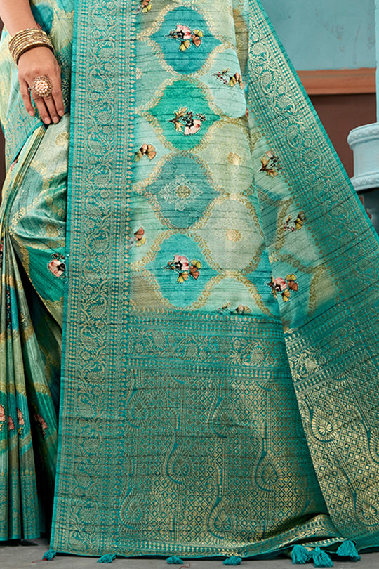 Sky Blue Cotton Linen Blend NeoJacquard Digital Elegance Saree