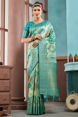 Sky Blue Cotton Linen NeoJacquard Digital Elegance Saree