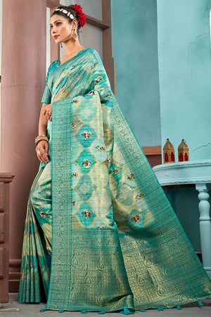 Sky Blue Cotton Linen Blend NeoJacquard Digital Elegance Saree