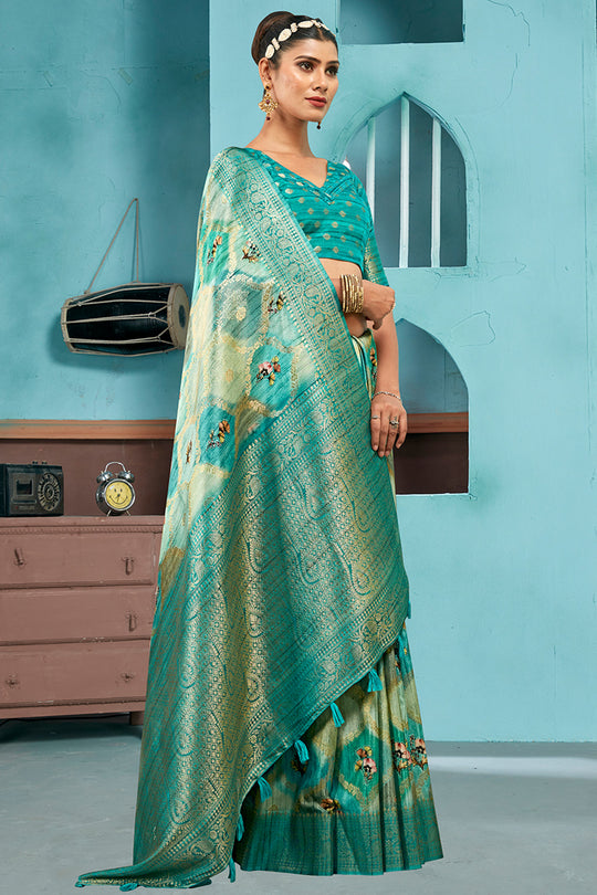 Sky Blue Cotton Linen Blend NeoJacquard Digital Elegance Saree