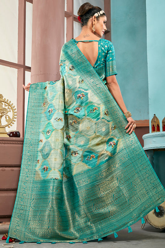 Sky Blue Cotton Linen Blend NeoJacquard Digital Elegance Saree