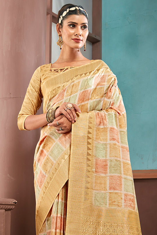 Beige Cotton Linen Blend NeoJacquard Digital Elegance Saree