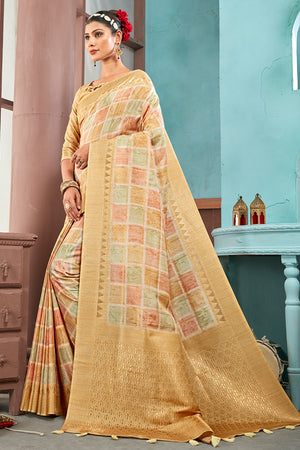 Beige Cotton Linen NeoJacquard Digital Elegance Saree