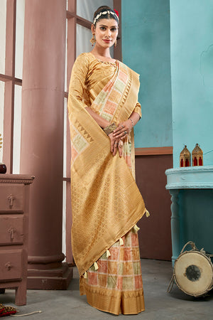 Beige Cotton Linen Blend NeoJacquard Digital Elegance Saree