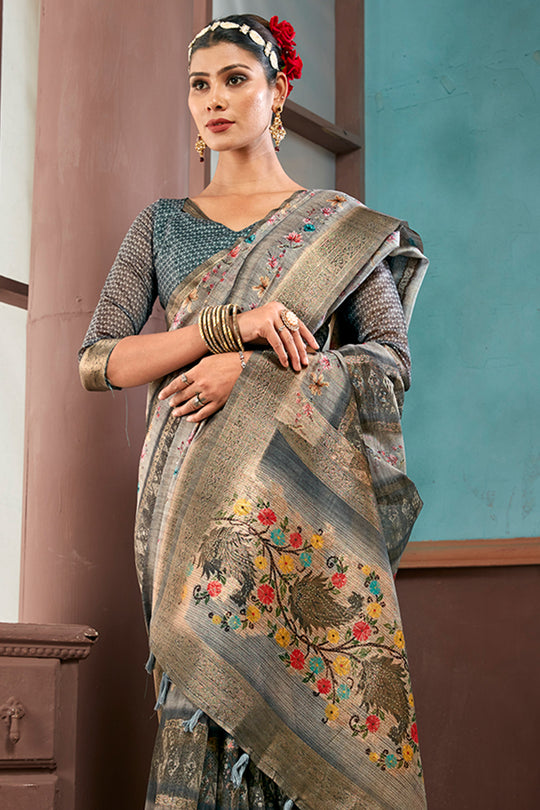 Grey Cotton Linen Blend NeoJacquard Digital Elegance Saree