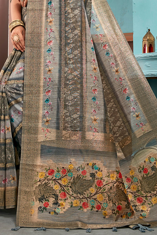 Grey Cotton Linen Blend NeoJacquard Digital Elegance Saree