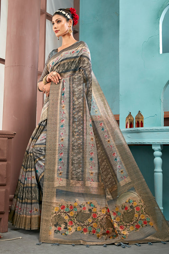 Grey Cotton Linen Blend NeoJacquard Digital Elegance Saree