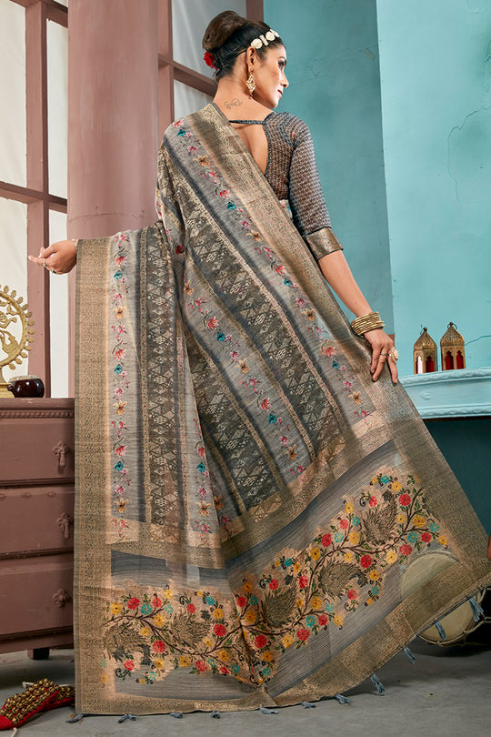 Grey Cotton Linen Blend NeoJacquard Digital Elegance Saree