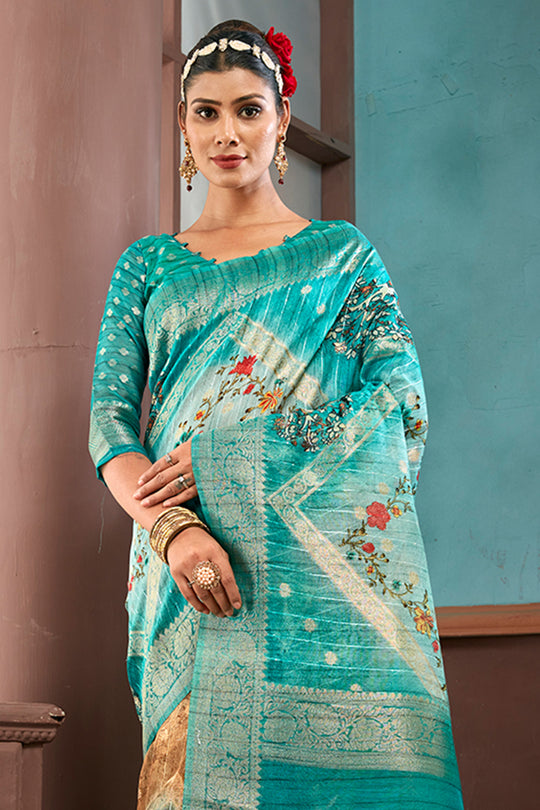 Rama Green Cotton Linen Blend NeoJacquard Digital Elegance Saree