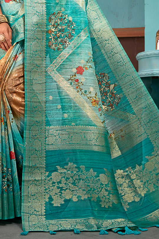 Rama Green Cotton Linen Blend NeoJacquard Digital Elegance Saree