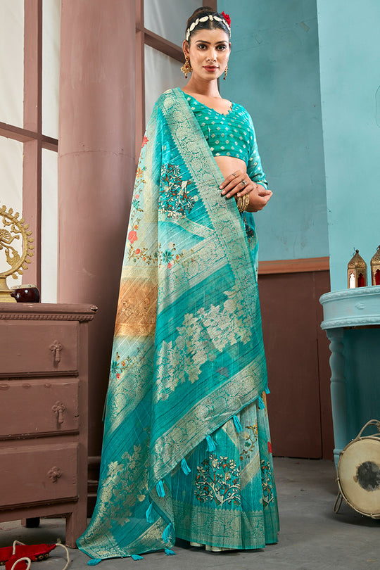 Rama Green Cotton Linen Blend NeoJacquard Digital Elegance Saree