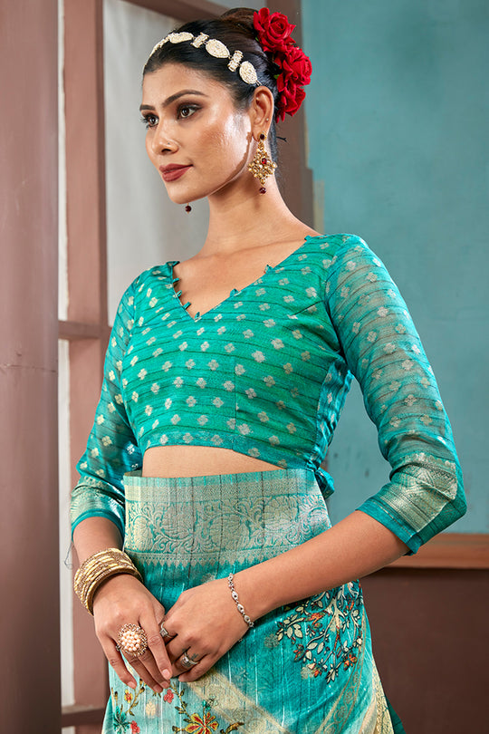 Rama Green Cotton Linen Blend NeoJacquard Digital Elegance Saree