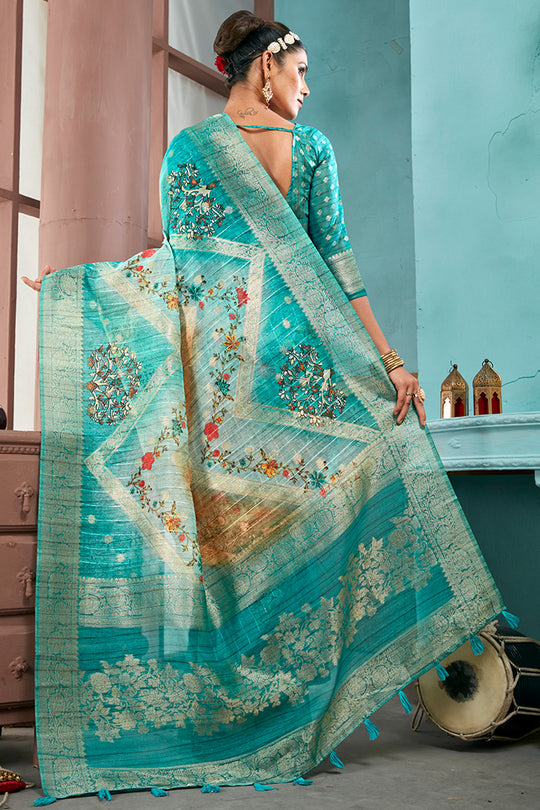 Rama Green Cotton Linen Blend NeoJacquard Digital Elegance Saree