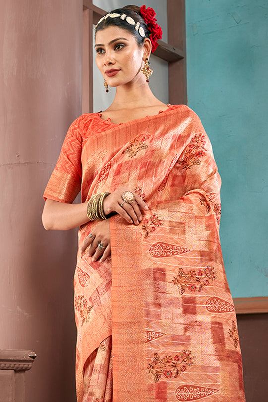 Dark Orange Cotton Linen Blend NeoJacquard Digital Elegance Saree