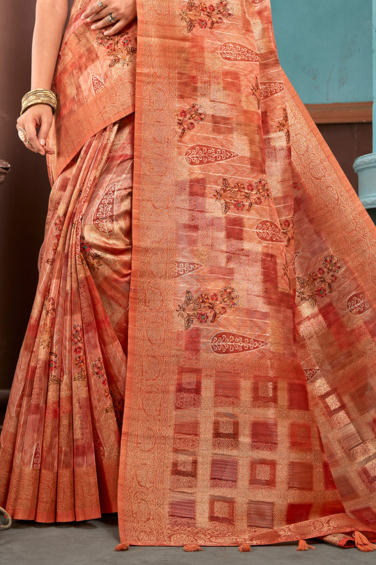 Dark Orange Cotton Linen Blend NeoJacquard Digital Elegance Saree
