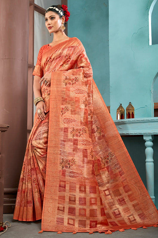 Dark Orange Cotton Linen Blend NeoJacquard Digital Elegance Saree