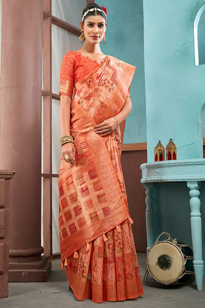 Dark Orange Cotton Linen Blend NeoJacquard Digital Elegance Saree