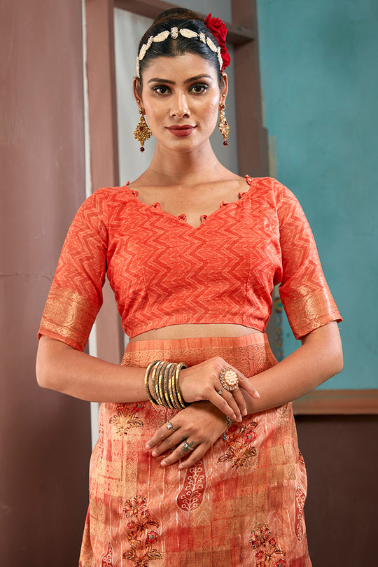 Dark Orange Cotton Linen Blend NeoJacquard Digital Elegance Saree