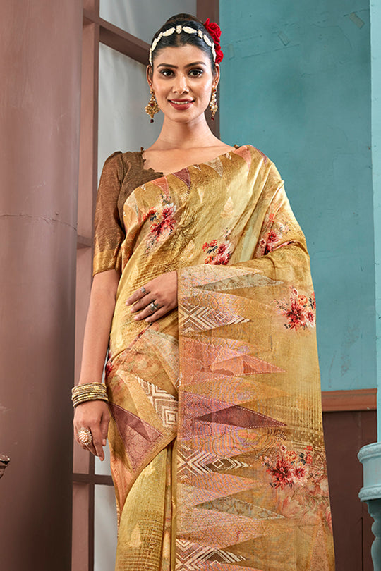 Gold Metallic Cotton Linen Blend NeoJacquard Digital Elegance Saree