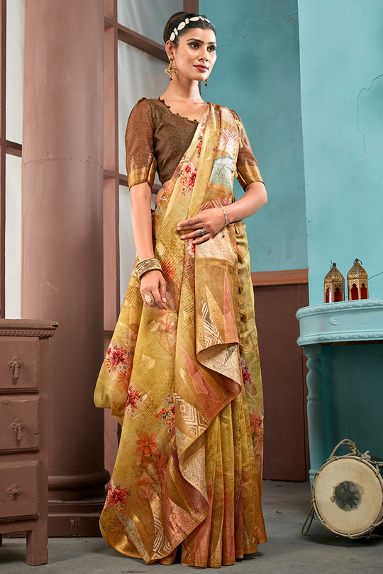 Gold Metallic Cotton Linen Blend NeoJacquard Digital Elegance Saree