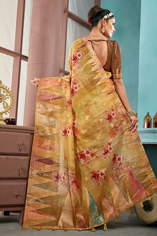 Gold Metallic Cotton Linen Blend NeoJacquard Digital Elegance Saree