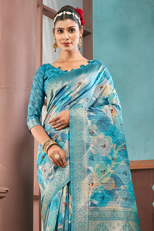 Deep Sea Cotton Linen Blend NeoJacquard Digital Elegance Saree