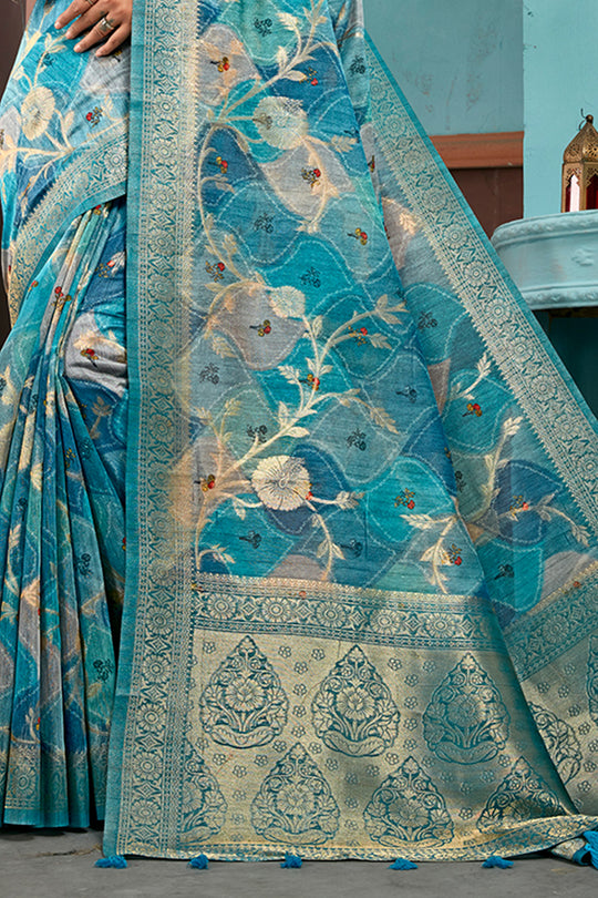Deep Sea Cotton Linen Blend NeoJacquard Digital Elegance Saree