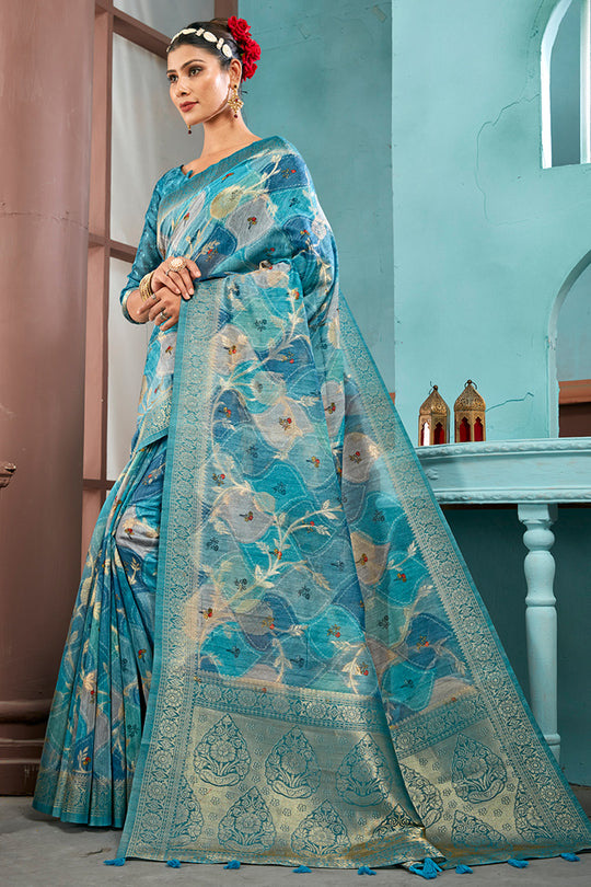 Deep Sea Cotton Linen Blend NeoJacquard Digital Elegance Saree