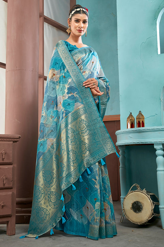 Deep Sea Cotton Linen Blend NeoJacquard Digital Elegance Saree